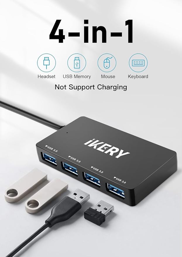 4-Port USB 3.0 Hub, 5Gbps High Speed Data Transfer USB Hub, Portable Multiporter Extension with 1ft Extended Cable, Compatible for Laptop, PC, MacBook, Windows Computers and More