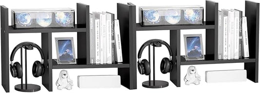 Jerry & Maggie Desktop Organizer Office Storage Rack Adjustable Wood Display Shelf Free Style Double H, Multi-Functional Mini Bookshelf for Desk Natural Stand (Black/2 Pack)