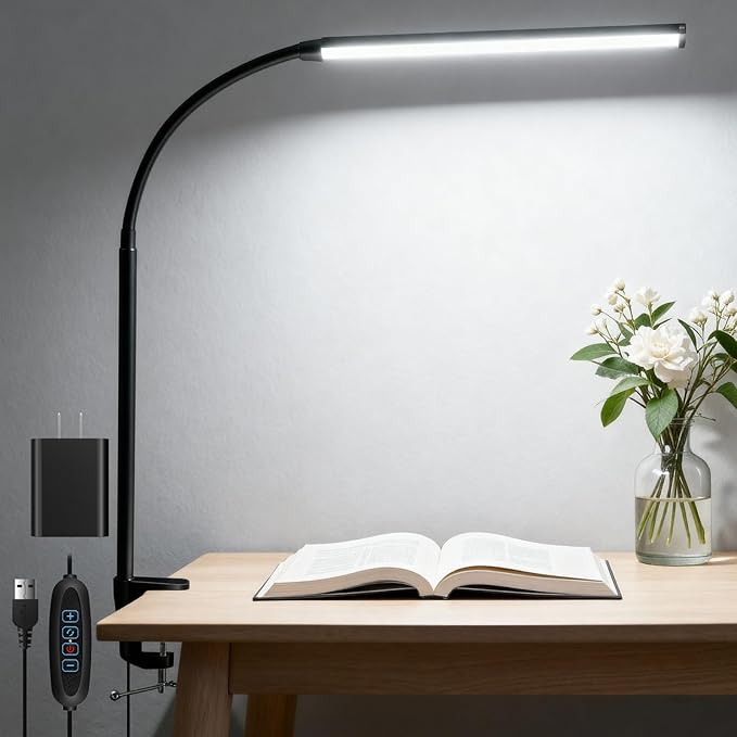Akynite LED Desk Lamp with Clamp Clip on Reading Light Dimmable USB Small Clamp Lamp with 3 Color Modes 10 Brightness, Adjustable Flexible Gooseneck Workbench Light for Bed Headboard, Nail, Computer