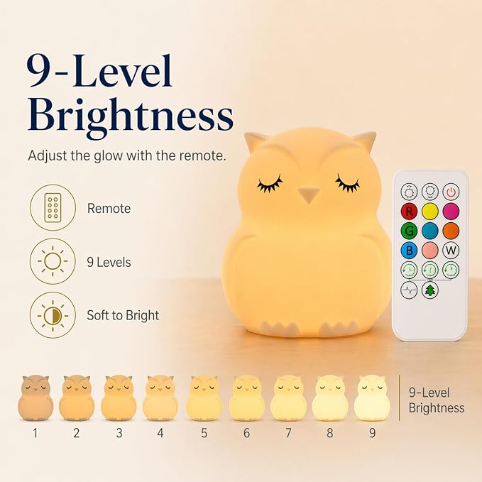 Baby Night Light for Car Seat- Dimming Function 9 Colors Changing Eye Caring Portable Rechargeable & Timing Bedside Lamp Light Up Toddler Bed Room Travel Essentials Squishy Silicone Infant BPA Free