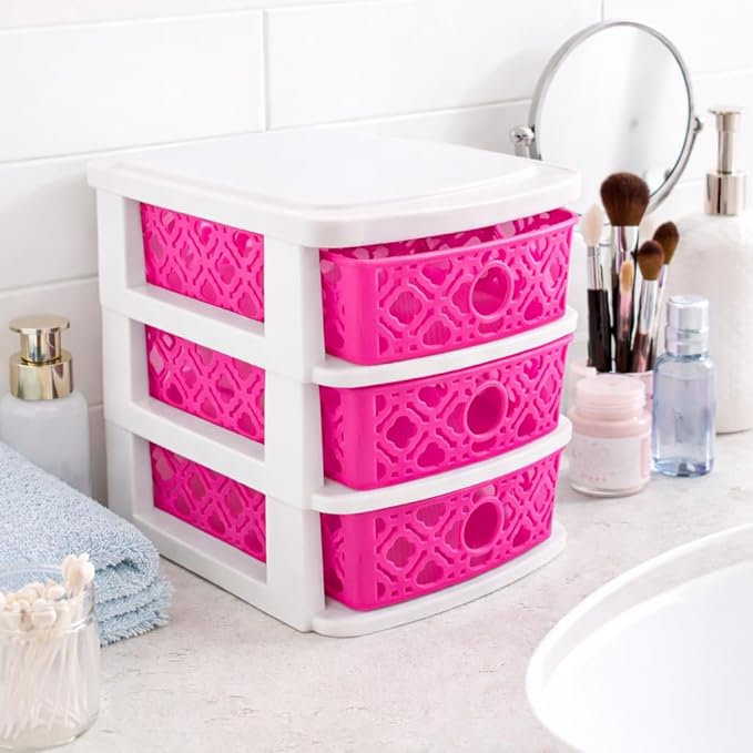3 Drawer Basket Weave Mini Plastic Organizer Makeup HBA Cosmetics Arts & Crafts Desktop Stationary (Dark Pink)
