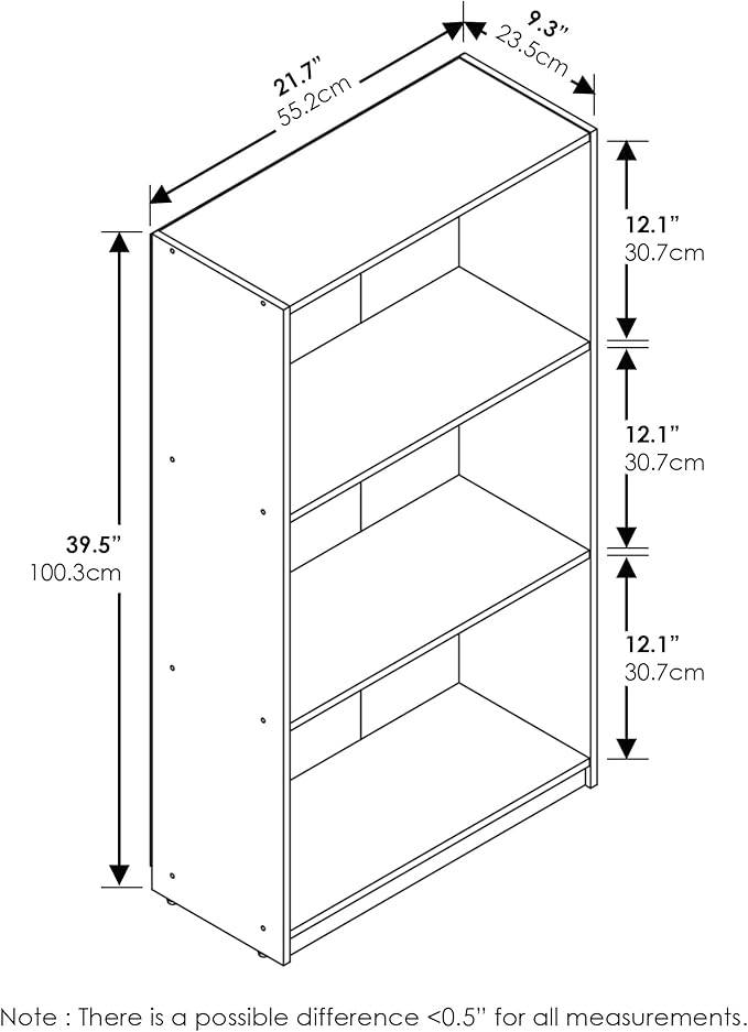 Furinno Basic Book Shelf, 3-Tier Modern Bookshelf, Bookcase with Open Shelves, 9.3 x 21.8 x 39.5, for Living Room, Bedroom, Home Office, Natural Oak