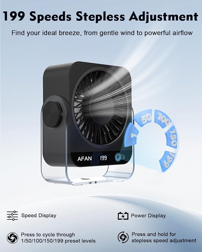 Small Desk Fan Quiet: Rechargeable 5000mAh Battery Powered, 199 Speeds Strong Wind, 120° Tilt Adjustable, 6.6" Portable Desktop Fan for Bedside Sleeping Camping Home Office Travel, Black