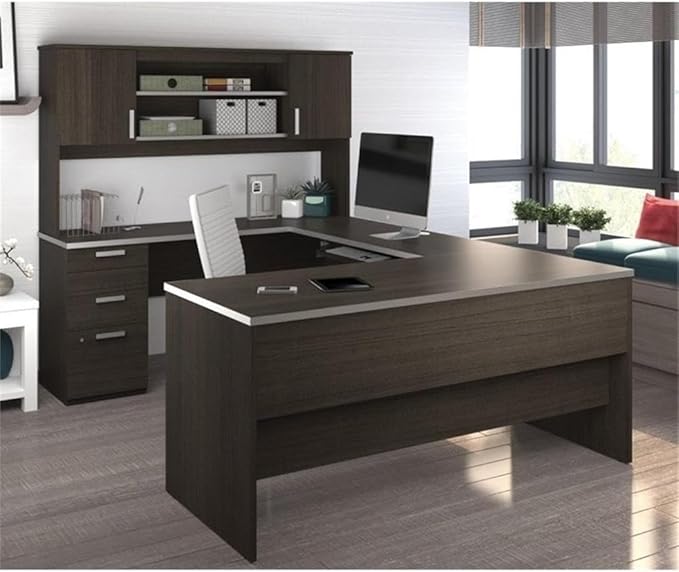 Pemberly Row U-Shaped Computer Desk, Dark Chocolate Finish, 93.6 in x 65 in x 65.9 in, Durable Melamine Surface, Hutch Storage, Lockable File Drawer, Keyboard Tray, Reversible Office Desk