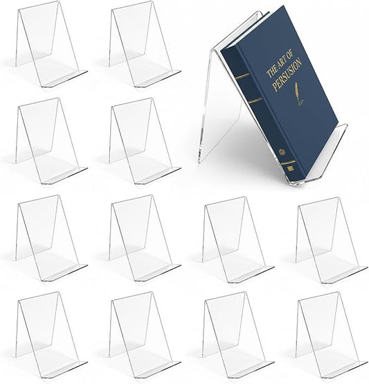 12 Pack Acrylic Book Display Holder, 4x5 Inch Clear Acrylic Book Stand, Books Display Easel for Displaying Books, Tablet Holder, Pictures, Notebooks, Music Sheets, Artworks, CDs