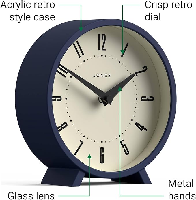 JONES CLOCKS® Venus Desk Clock | Modern Round Design | Blue | Stylish Retro Look for Shelf, Table, Mantel or Bedside