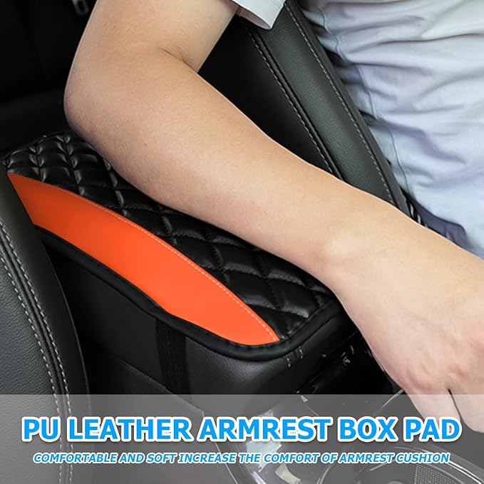 Moly Magnolia Car Center Console Cushion Pad, Universal Leather Waterproof Armrest Seat Box Cover Protector,Comfortable Car Decor Accessories Fit for Most Cars, Vehicles, SUVs (Orange)