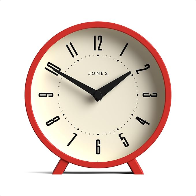 JONES CLOCKS® Venus Desk Clock | Modern Round Design | Red | Stylish Retro Look for Shelf, Table, Mantel or Bedside