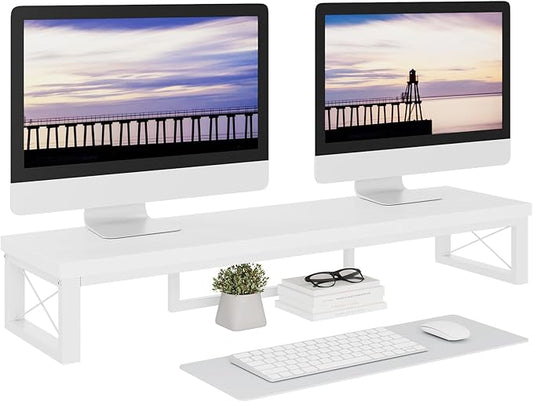 IBUYKE Large Dual Monitor Stand Riser for 2 Monitors, Wooden Desktop Computer Monitor Stand Storage Shelf and Steel Legs,Dual Screen Office Desk,Monitor Riser for Computer, Printer,Laptop,TV,White UTDJ002W
