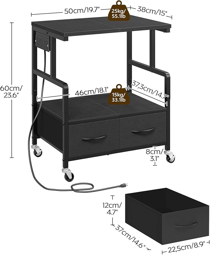 YATINEY Printer Stand, 3 Tier Printer Cart with Power Outlet and Fabric Drawers, Industrial Mobile Printer Table on Wheels, Printer Stand with Storage for Home Office, Study, Living Room PS03BB