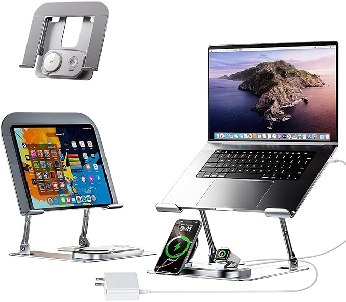 Adjustable Laptop Stand with Wireless Charger, 3-in-1 Charging Station for Phone and Watch, Ergonomic Aluminum Notebook Riser with LED Light, Qi2 Fast Charging (Silvery)