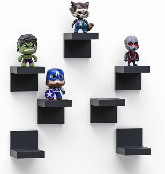 7-Pack Small Floating Shelves for Wall by RicherHouse, Plastic Black Shelf 4 Inch Display Ledges Room Decor, Mini with 2 Types of Installation (Adhesive or Screw)