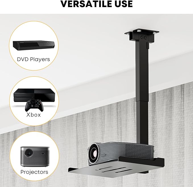 PUTORSEN Adjustable Projector Ceiling Mount,Universal Projector Shelf for Ceiling and Wall, Holds up to 22lbs，No Hole Installation, Hidden Cable Routing, Black