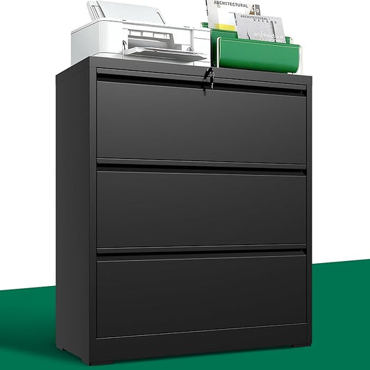 3 Drawer Lateral File Cabinet, Metal File Cabinets for Home Office with Lock, Large Filing Storage Cabinet Printer Stand, Steel Wide File Cabinet for Legal/A4/F4/Letter,Require Assembly,Black