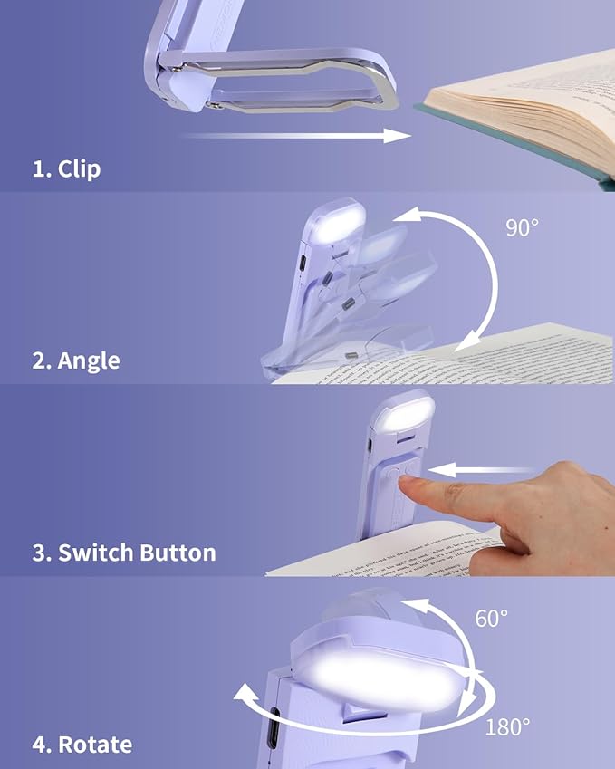 HEMONNKAM Book Reading Light, 2 Pack Rechargeable Clip on Booklight, Eye Caring 3 Color Temperatures & 5 Brightness Levels, Night Use for Bed, Long Lasting, Reading at Night in Bed, Purple+Black