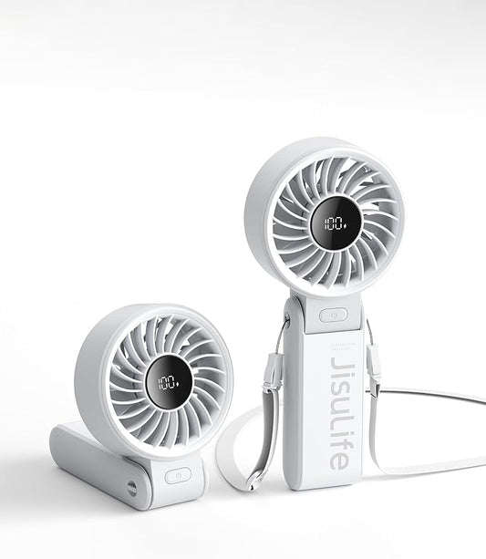 JISULIFE Handheld Fan Life7 – Ultimate Flexibility: Wide & Strong Airflow, 19.5H Max Cooling, 5000mAh Rechargeable, 5-Speed, LED Display, 3 IN 1 Portable Fan for Travel, Concerts, Sports Events(Grey)