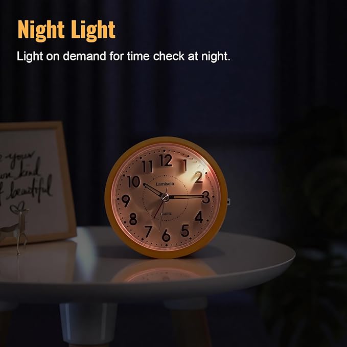 Lamisola Small Desk Clock, Battery Operated Travel Clock, Bright Analog Alarm Clock for Bedroom Home Office Bathroom Kitchen, Silent Large Display- Orange