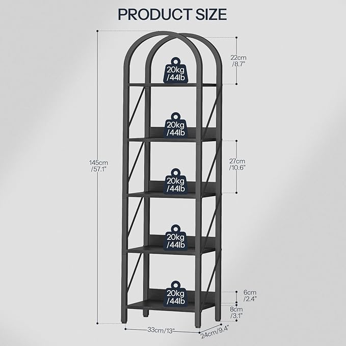 HOOBRO Bookshelf, 5-Tier Arched Bookshelf, Industrial Bookcase with Metal Frame, Tall Book Shelf Storage Organizer for Living Room, Office, Bedroom, Black BB425SJ01