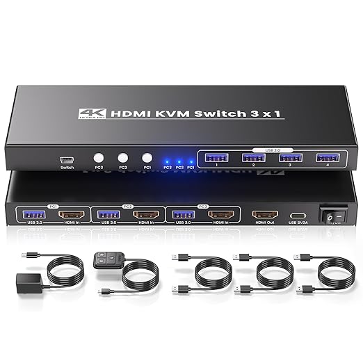 4K60Hz HDMI KVM Switch 1 Monitor 3 Computers, USB 3.0 3 Port KVM Switch - Control 3 Computers with 1 Monitor, Keyboard and Mouse, 4-Port USB 3.0 Hub