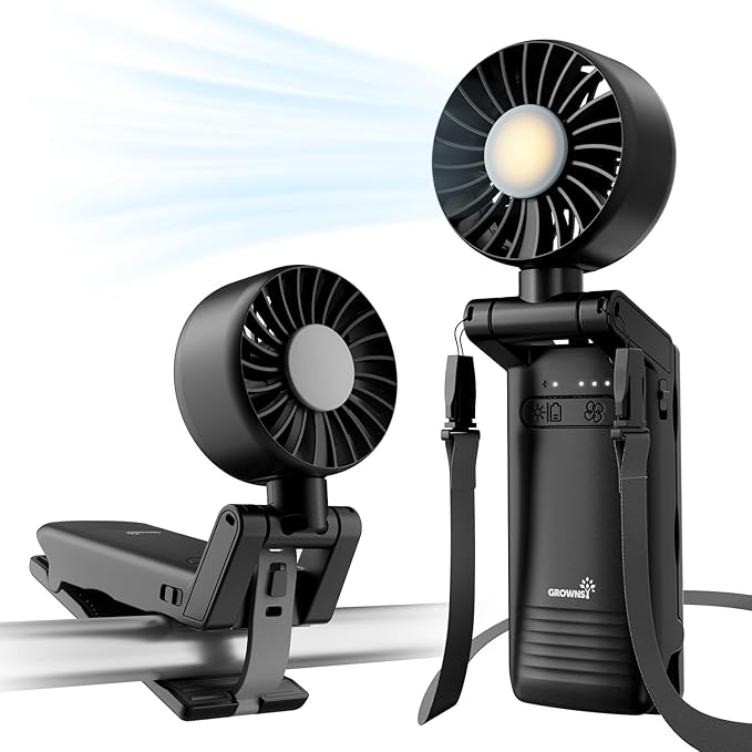 GROWNSY Portable Stroller Fan with Clip | Foldable Mini Fan for Baby Carrier | Small Handheld Fan with Soft Night Light | Rechargeable 4-Speed Baby Fan for Travel/Desk/Bed/Backpack/Car Seat (Black)