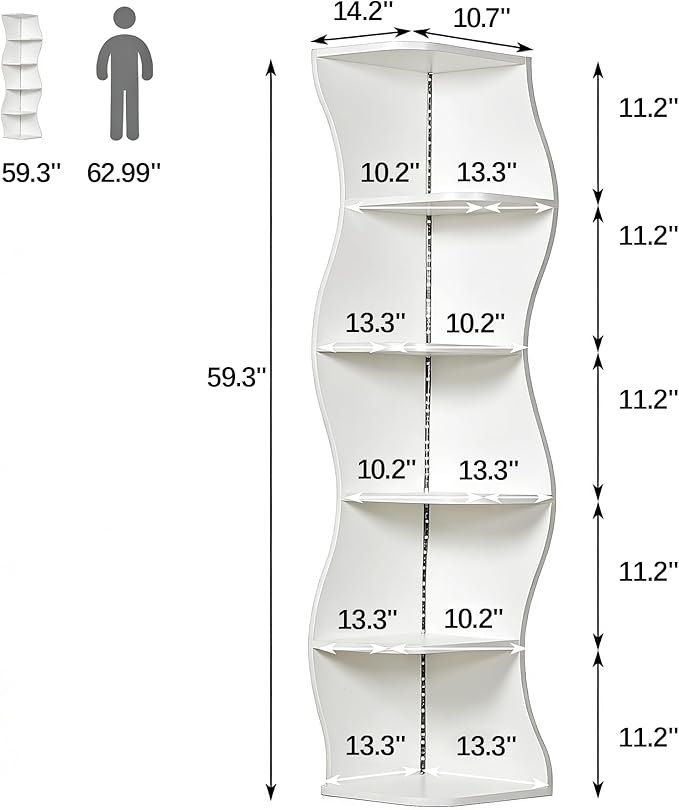 VECELO 6-Tier Wave Corner Bookcase with LED Lights, 90° Right-Angle Tall Narrow Bookshelf, Wooden Corner Display Stand Storage Shelf for Small Spaces, Living Room, Bedroom, Home Office (White)