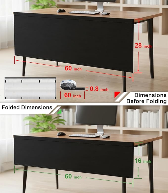 Under Desk Privacy Panel with Table Cable Management, 60 Inch Desk Skirt Modesty Desk Panel with Self-Gripping Straps for Office Home, Premium Silver-Plated Interior to Provide Better Privacy
