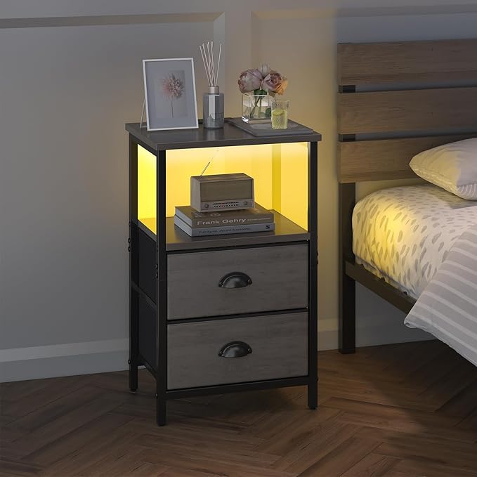 sthmec Nightstand with Charging Station, LED Night Stand Set of 2, Bedside Table End Table with Drawer, Bedroom Tables with 2 Fabric Drawers, 3-Tier Storage Side Table for Bedroom,Grey