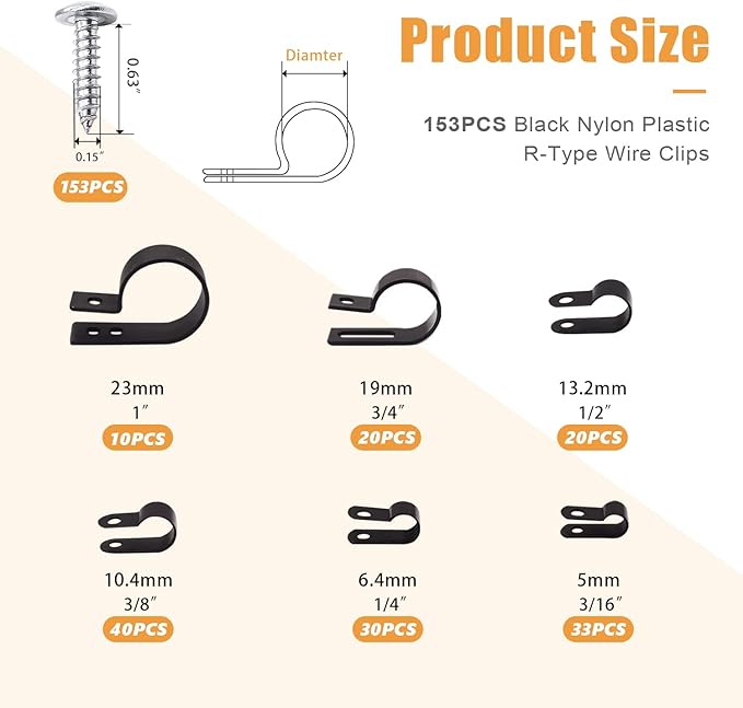 mankk 306PCS Cable Clips Wire Clips Assortment Kit Nylon Plastic R-Type Cable Clamps Wire Mounting Clips 6 Sizes 3/16'' 1/4'' 3/8'' 1/2'' 3/4'' 1'' with Screws for Cable Management