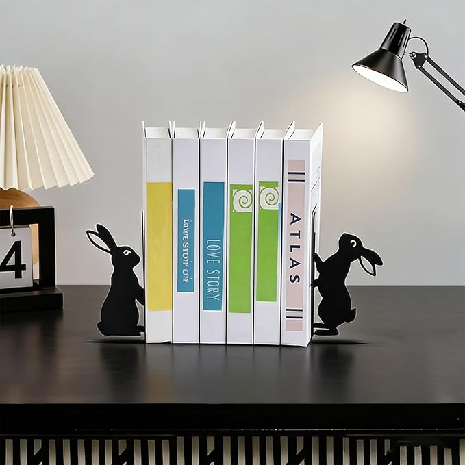 Bunny Metal Bookends for Shelves, Cute Black Rabbit Decorative Book Ends, Heavy Duty Rustproof Book Stoppers for Home Office & Study Desk, Ideal Gift for Rabbit Lovers & Book Lovers