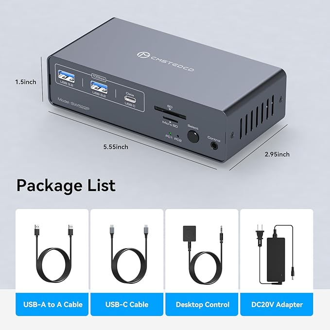 KVM Switch 2 Monitors 2 Computers Docking Station USB C + HDMI/DP Input with 100W PD, 4K60Hz/4K120Hz Displayport HDMI Dual Monitor for Laptop and Desktop Share 13-in-1 Dock Aluminum Case Plug and Play