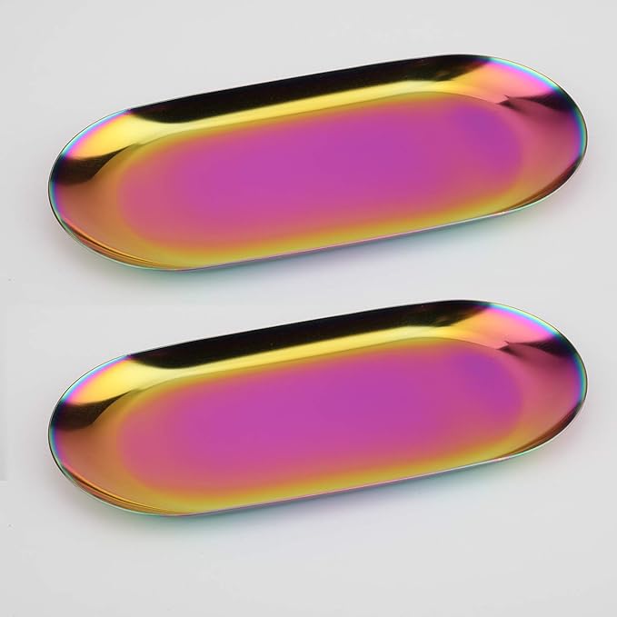 Fermus Stainless Steel Decorative Tray, Set of 2, 9 Inch Long, Jewelry Dish Cosmetics Organizer Bathroom Clutter Serving Platter Small Storage Tray, Oval, Holographic