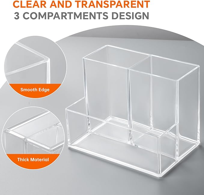 Pen Holder for Desk, Clear Acrylic Pencil Holder for Desk, Marker Holder with 3 Compartments, Pencil Organizer for Home, Office, Classroom, Bathroom | for Desk, Pencil Holder, for Desk, Marker Holder, Pencil Organizer