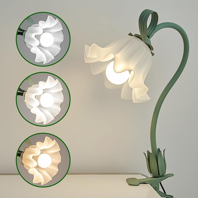 WERFOP Flower Lamp Clip on Light, 3 Color Modes Eye-Caring Desk Lamp with Clamp, Dorm Room Essentials, Flexible Neck Reading Clamp Lamps for College Bedside Bookshelf Studying Room (Green)