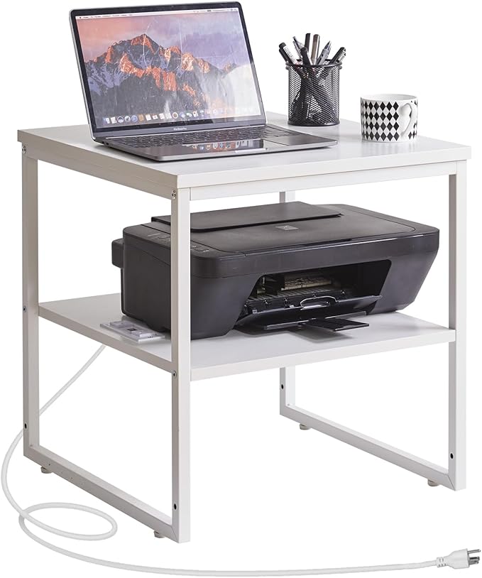 Aibiju Living Room Large Side Table, End Table with Charging Station, Refrigerator Stand Printer Table with Adjustable Shelves, Office Square Coffee Table with USB Ports White YD-TM153WD