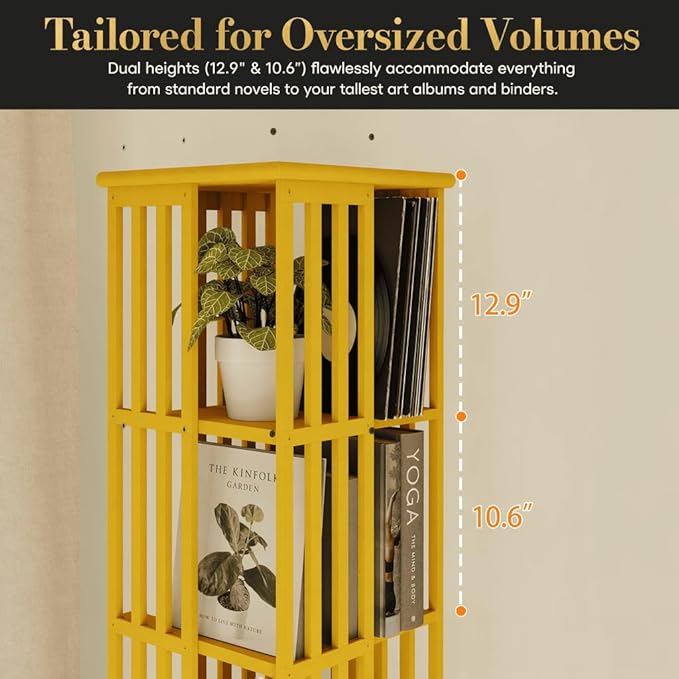 Lauxery Rotating Bookshelf Tower– 6 Tier 360° Spinning Bookshelf | Space-Saving Floor Standing Bamboo Revolving Bookcase for Small Space, Home Offices & Reading Corners | Gold