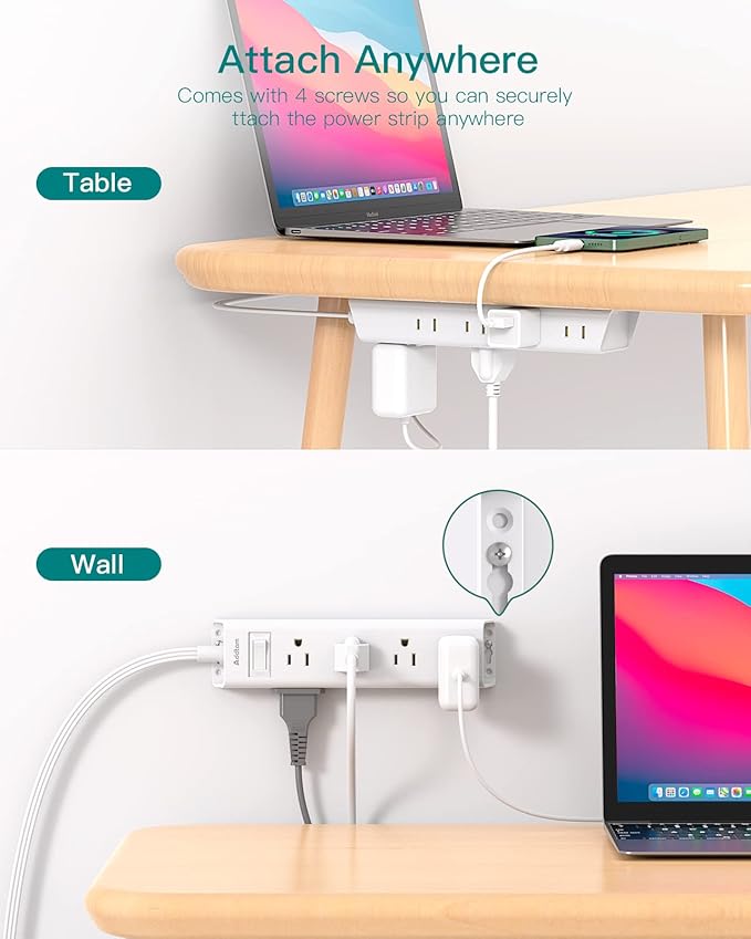 Flat Plug Power Strip, Ultra Thin Flat Extension Cord - Addtam 12 Widely AC 3 Sides Multiple Outlets, 5Ft, Wall Mount, Desk Charging Station for Home Office Dorm Room Essentials