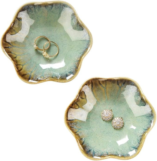 JAMEND CLXP 2PCS Ring Holder Dish, Small Key Bowl, Ceramic Trinket Tray Jewelry Dish Organizing Necklace Earrings for Mom Friend Sister, All Jewelries Are NOT Included. Crystal Green.