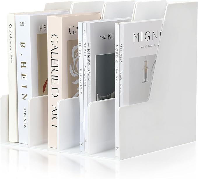 CiWiVOKi Vertical Magazine File Holder, Desk Organizer and Storage for Magazines, Binders, Notebooks, Envelopes, Multi-Purpose Desktop File Organizer for Home, Office & Classroom, 4 Pack, White