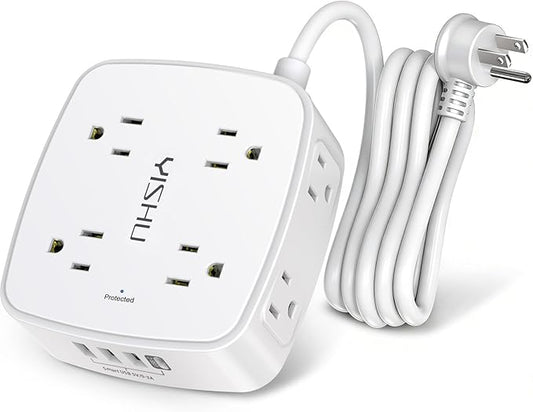 6 Ft Surge Protector Power Strip - 8 Widely Outlets with 4 USB Ports, 3 Side Outlet Extender with 6 Feet Extension Cord, Flat Plug, Wall Mount, Desk USB Charging Station, ETL,White