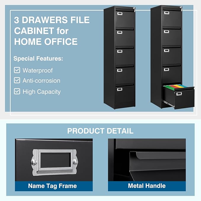 PEUKC 5-Drawer File Cabinet, 16.3" Deep Vertical Metal Filing Cabinet with Lock for Home Office, Anti-Tip 5 Storage Drawers for Letter/Legal/A4/F4 Size (Assemble Required, Black)