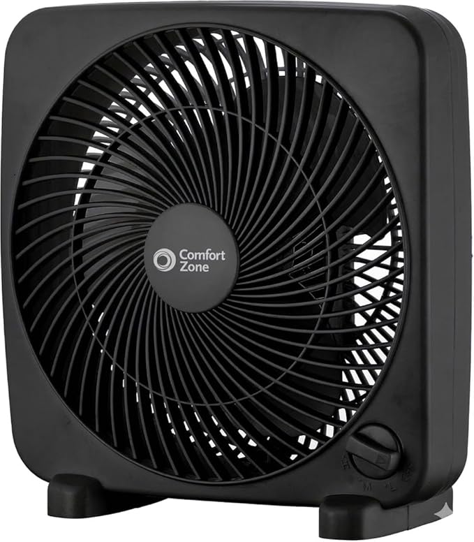Comfort Zone 9-inch Portable Box Fan – Compact Desktop Cooling Fan with 3-Speeds, Quiet Operation, Built-in Carry Handle & Safety Grill – ETL Listed for Home, Office, or Dorm – Black
