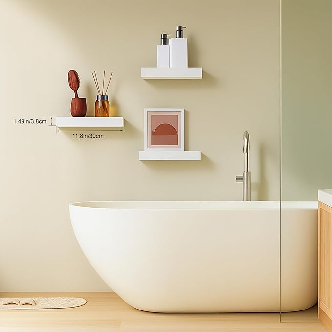 Floating Shelves, White Wooden Set of 3 Wall Mounted Bathroom Shelves Over Toilet, Modern Small Hanging Shelves for Bedroom Living Room Kitchen Home Decor Storage, 12" x 7" x 1.5"