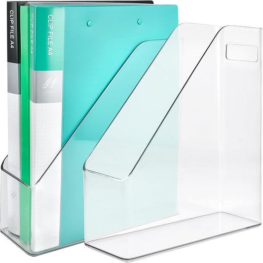 2 Pack Acrylic Magazine File Holder,A4 Vertical File Organizer with Handle for Desk,Clear Document Rack File Folder Storage Bin for Home Office School