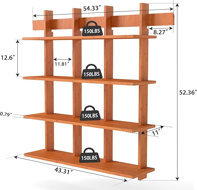 Bookshelf 4 Tier Wall Mounted Book Shelf, Space-Saving Floating Bamboo Bookcase Heavy Duty 600lbs, Storage Display Shelf for Living Room Bedroom Office, 43" W x 52" H