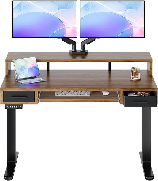 HUANUO 48″ x 26″ Electric Standing Desk with 2 Drawers &24.4″ Large Keyboard Tray, C-Clamp Mount Compatible, Adjustable Computer Desk for Office, Sit Stand Up Desk with 4 Height Presets, Deep Walnut