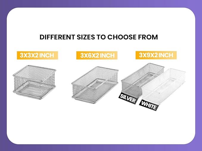 YBM HOME Silver Mesh Drawer Organizer and Storage for Kitchen Drawers, Serves as School Supply Holder, Office Desktop Organizer Basket, Makeup and Craft Supplies Organization, (1 Unit, 8x12x2 Inch)