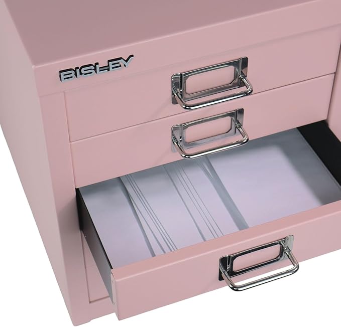 Bisley 5-Drawer Steel MultiDrawer Cabinet - Palest Pink, Chrome Pull Handles with Label Holders, Powder-Coated Steel, Removable Drawers, Desktop Storage, Labels Included