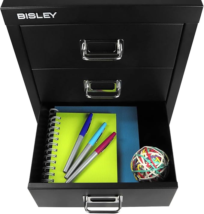 Bisley 3-Drawer Steel MultiDrawer Cabinet - Black, Chrome Pull Handles with Label Holders, Powder-Coated Steel, Removable Drawers, Desktop Storage, Labels Included