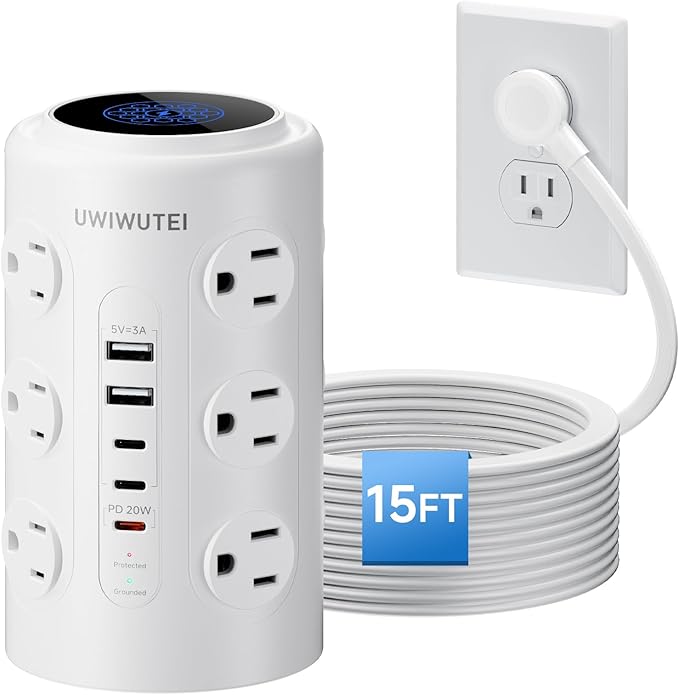 Tower Power Strip with 1 Dedicated PD 20W Fast-Charging Port, 12 Outlets, 5 USB Ports (3 USB-C), 1800J Protector, Desk Charging Station for Multiple Devices,15FT Extension Cord, Home Office Essentials