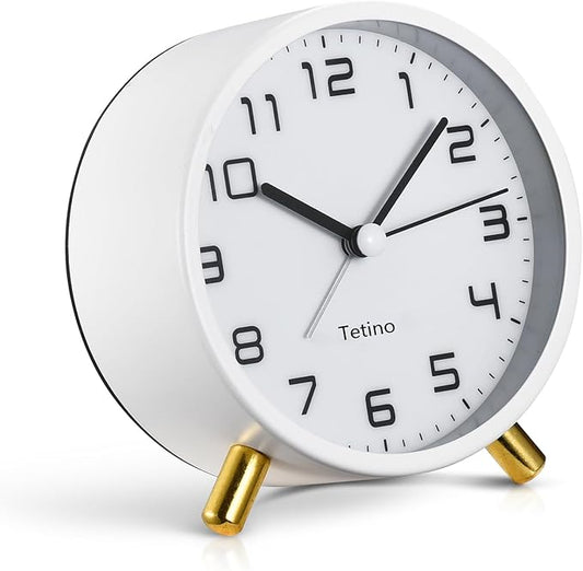 Tetino Analog Alarm Clocks,Retro Metal Desk Silent Non Ticking Small Clock with Night Light,Battery Operated,Simple Design,for Bedrooms, Bedside,Office,Home Décor (White)